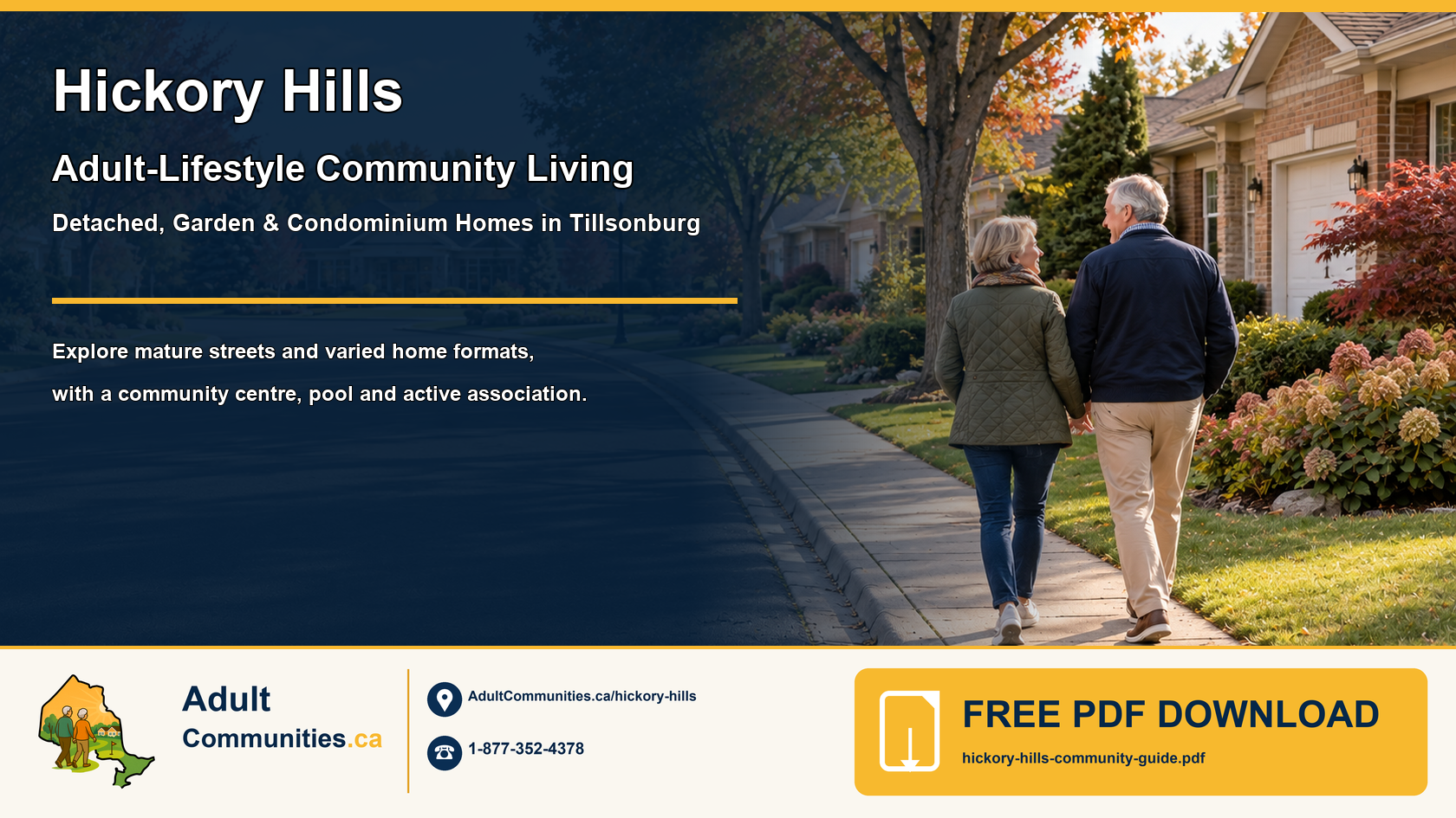 Mature adults walking through an established detached-brick-bungalow community in Tillsonburg, Ontario