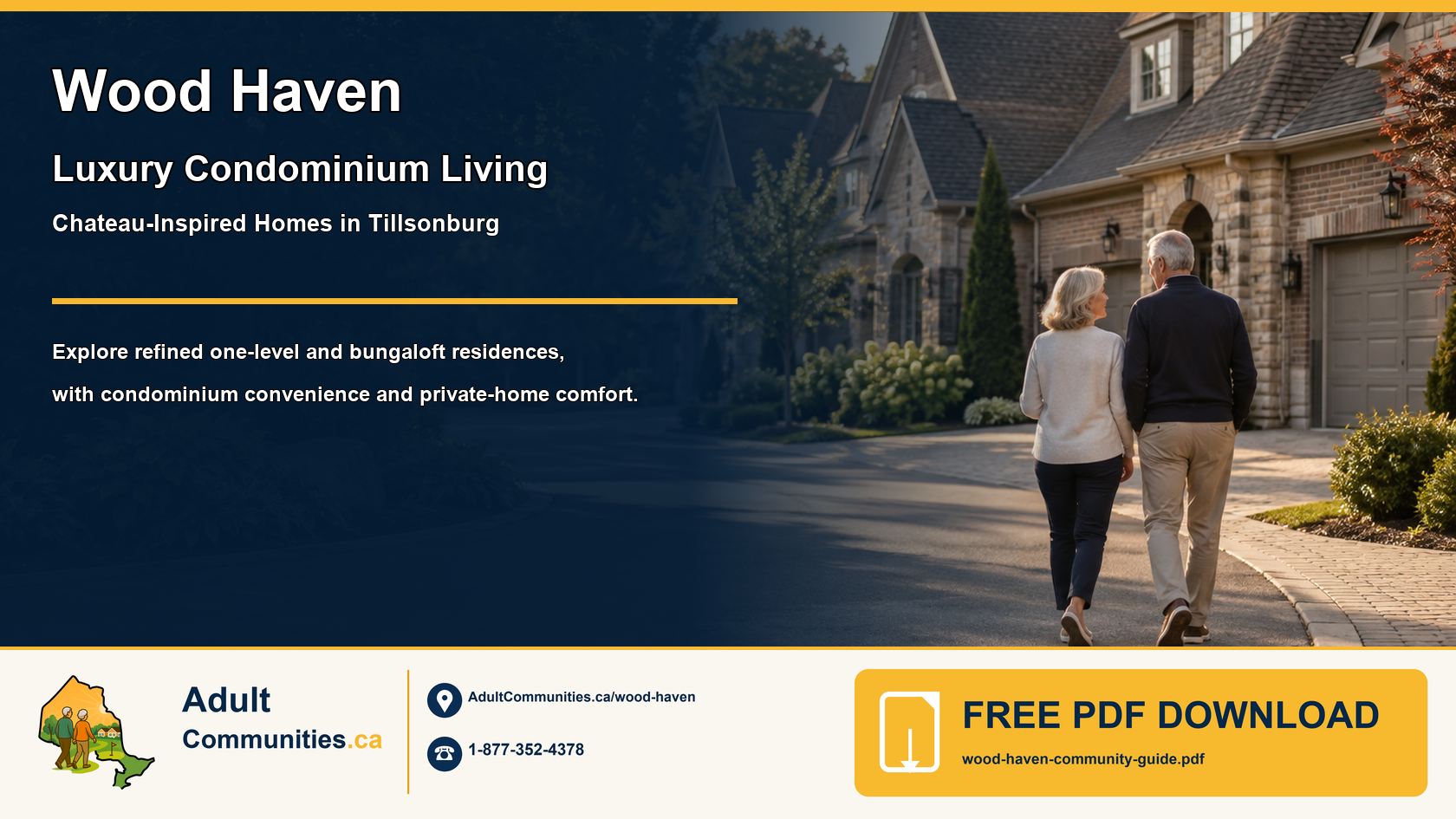 Mature adults walking through a chateau-inspired condominium community in Tillsonburg, Ontario