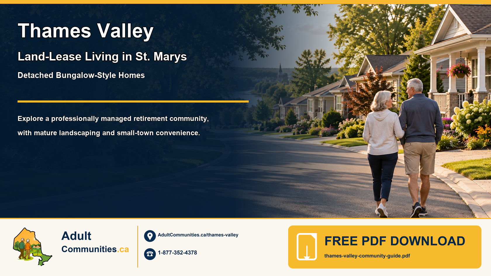 Mature adults walking through an established bungalow-style community in St. Marys, Perth County