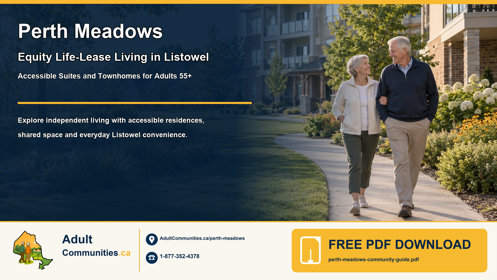 Older adults walking through a landscaped accessible community with apartment suites and townhomes in Listowel, Perth County