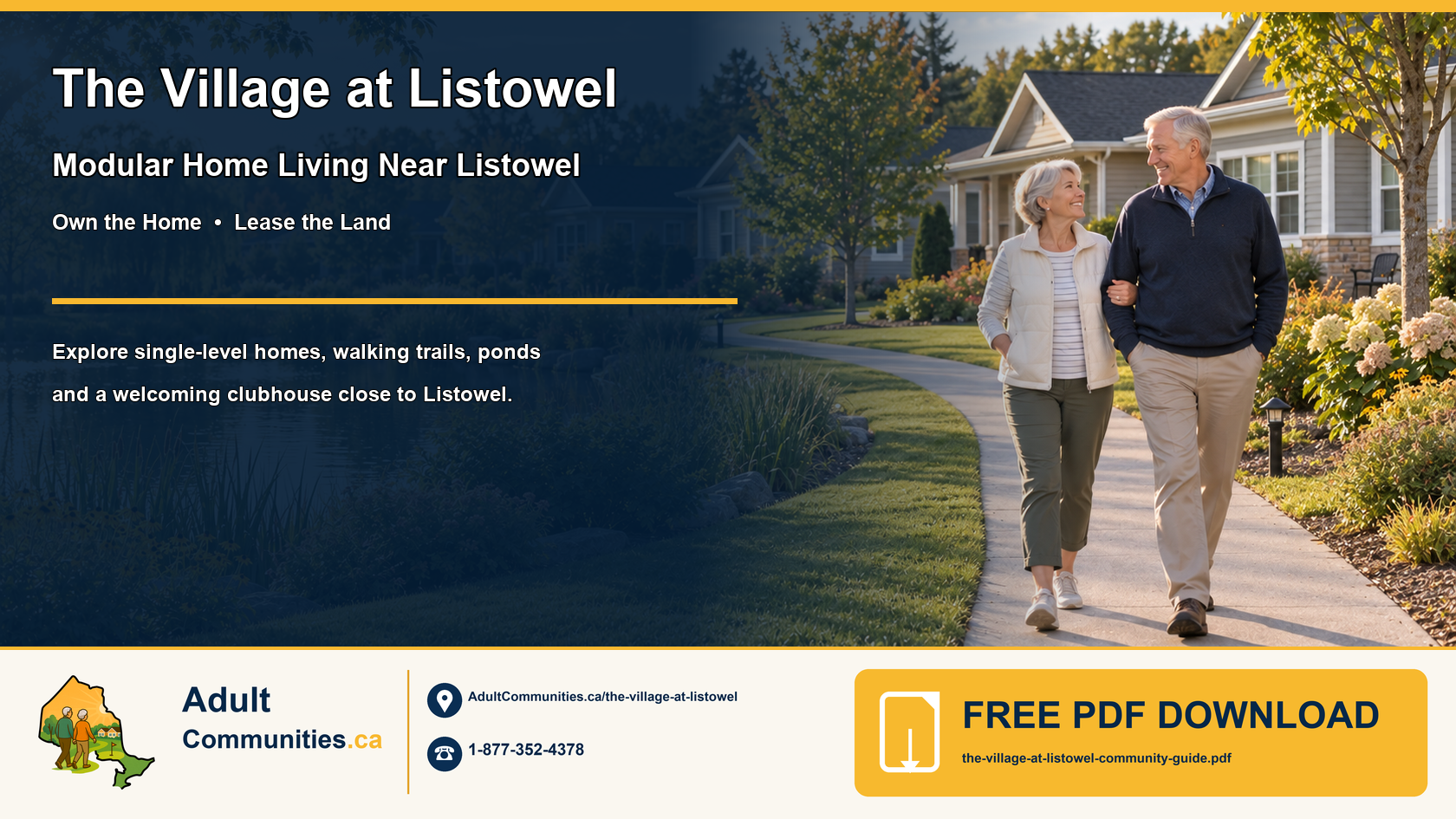 Older adults walking through a landscaped modular-home community with ponds and trails near Listowel, Perth County