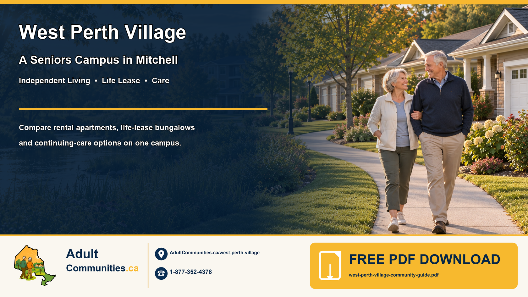 Older adults walking through a landscaped seniors campus with apartments and life-lease bungalows near Mitchell, Perth County