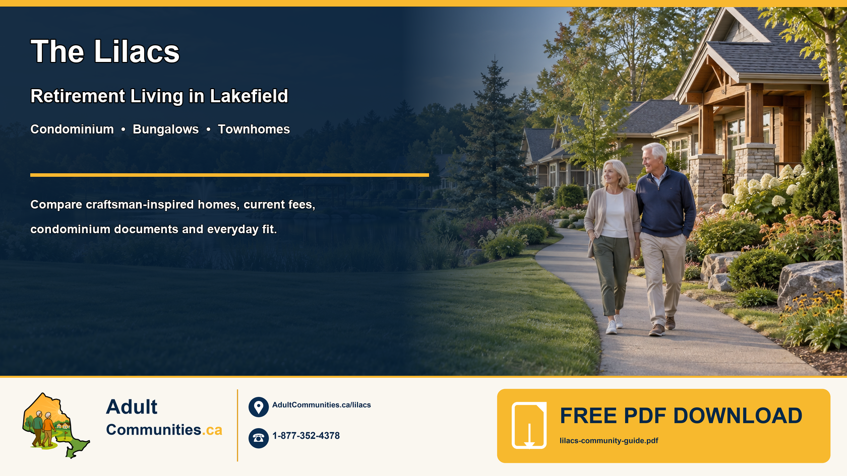 Mature couple walking beside craftsman-inspired homes, landscaped gardens, a pond and gazebo at The Lilacs in Lakefield