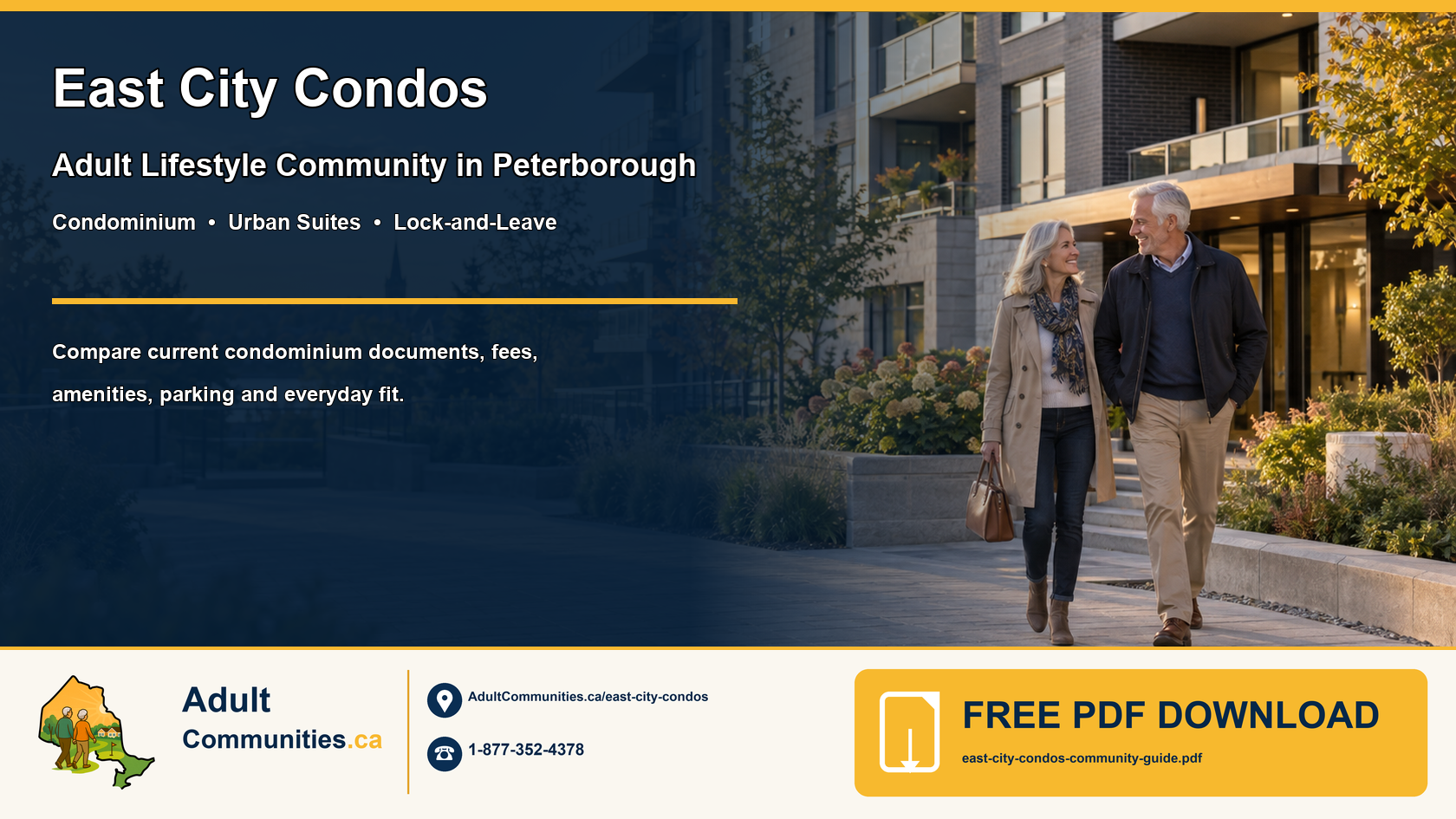 Older couple walking near a contemporary urban condominium building in Peterborough
