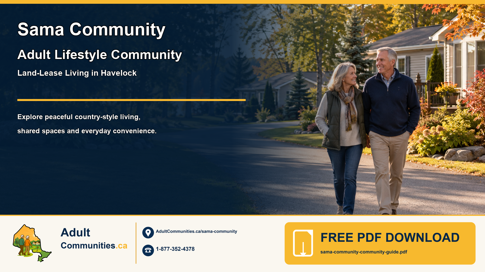 Mature adults walking through a country-style residential land-lease community near Havelock