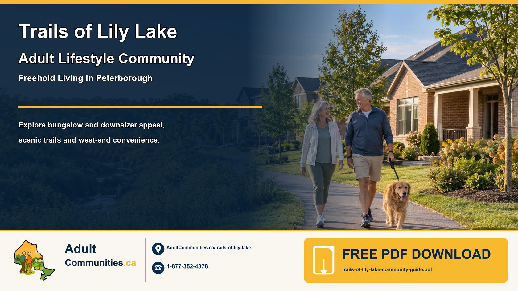 Mature adults walking beside modern homes, a trail and conservation greenery in Peterborough