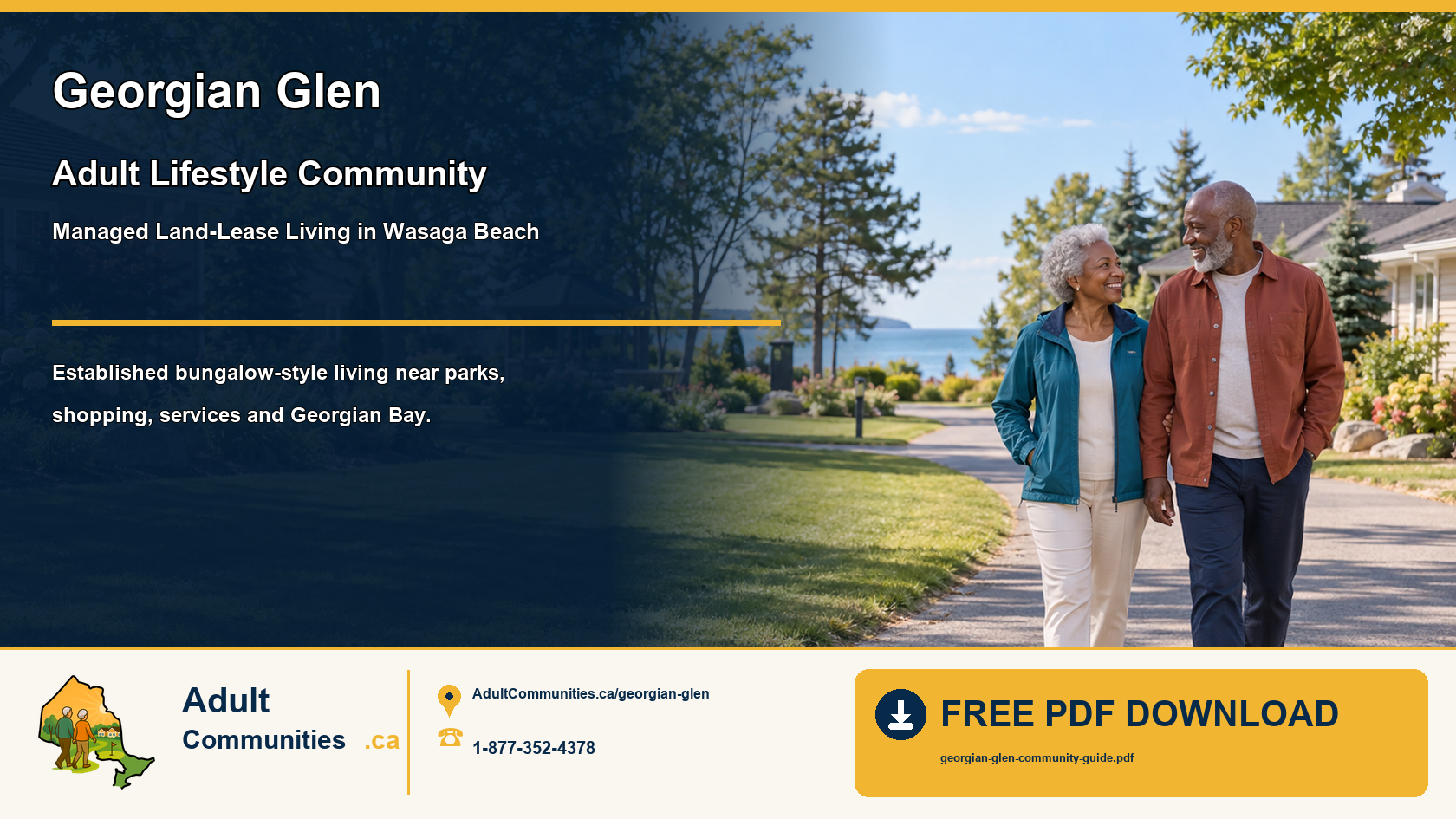 Senior couple walking through a landscaped bungalow community in Wasaga Beach