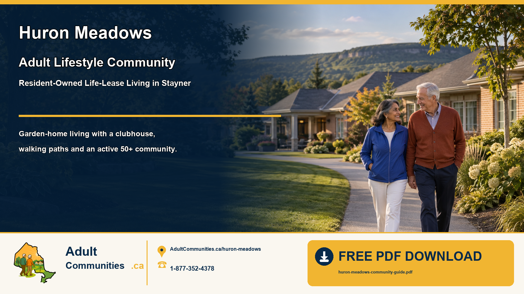 Senior couple walking through a landscaped garden-home community in Stayner