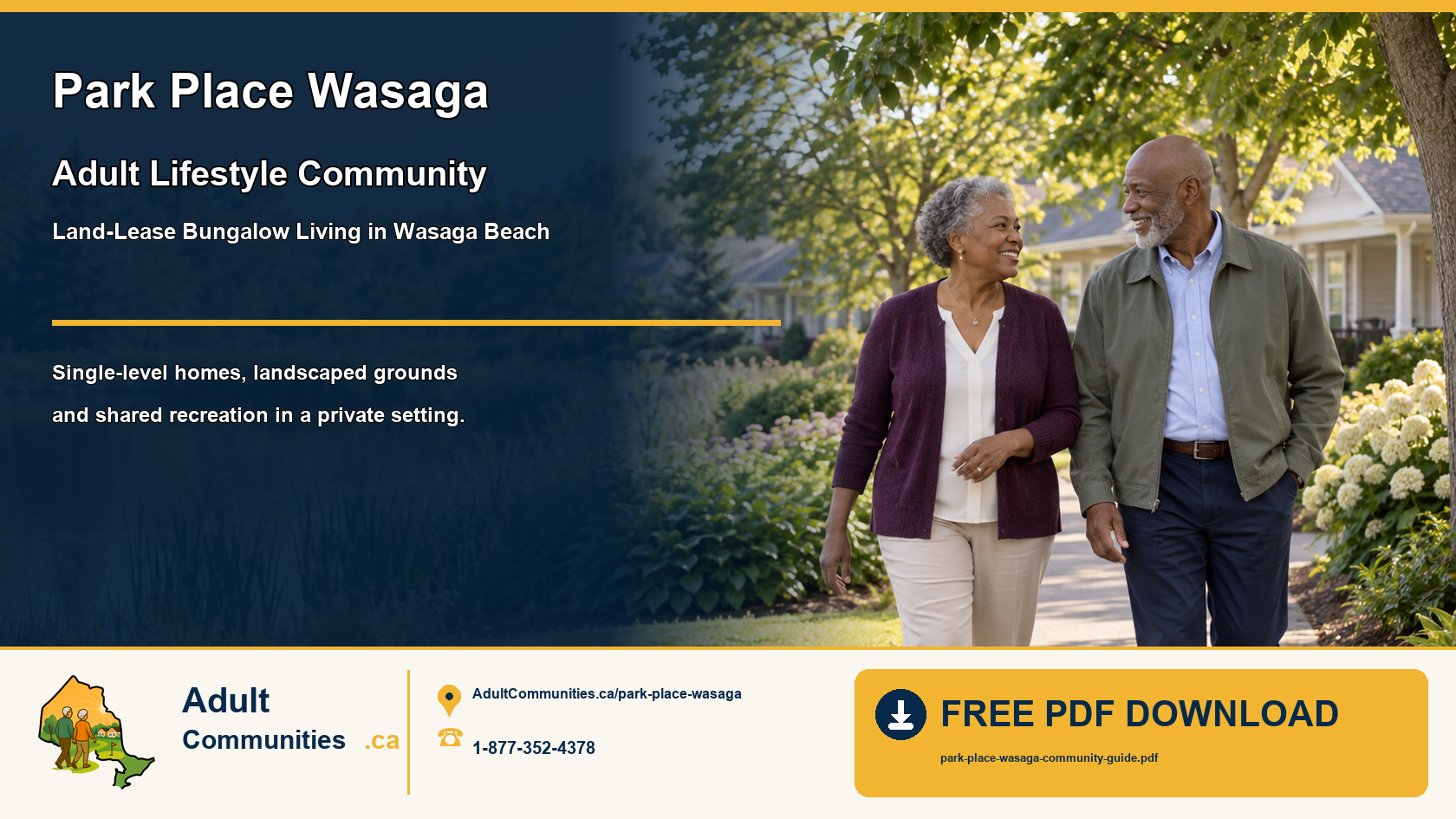 Senior couple walking through a landscaped bungalow community in Wasaga Beach