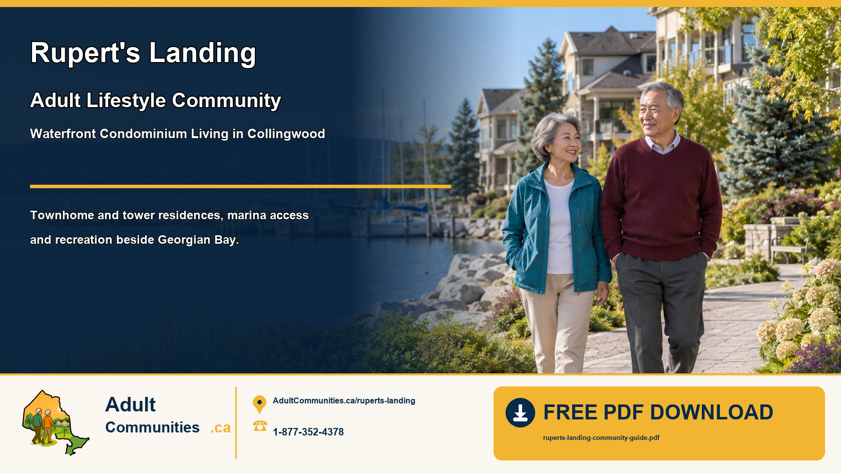 Senior couple walking beside a Georgian Bay waterfront condominium community in Collingwood