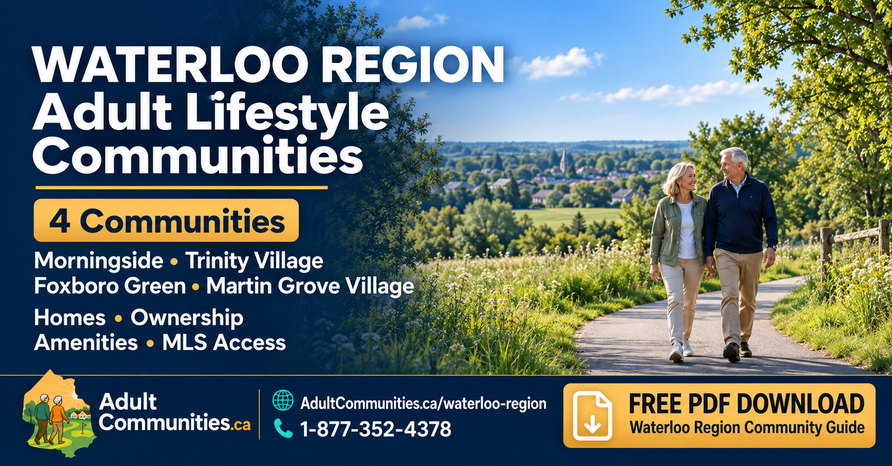 Waterloo Region adult lifestyle community guide comparing Morningside, Trinity Village, Foxboro Green and Martin Grove Village, with a free PDF guide and Kevin Flaherty contact details.