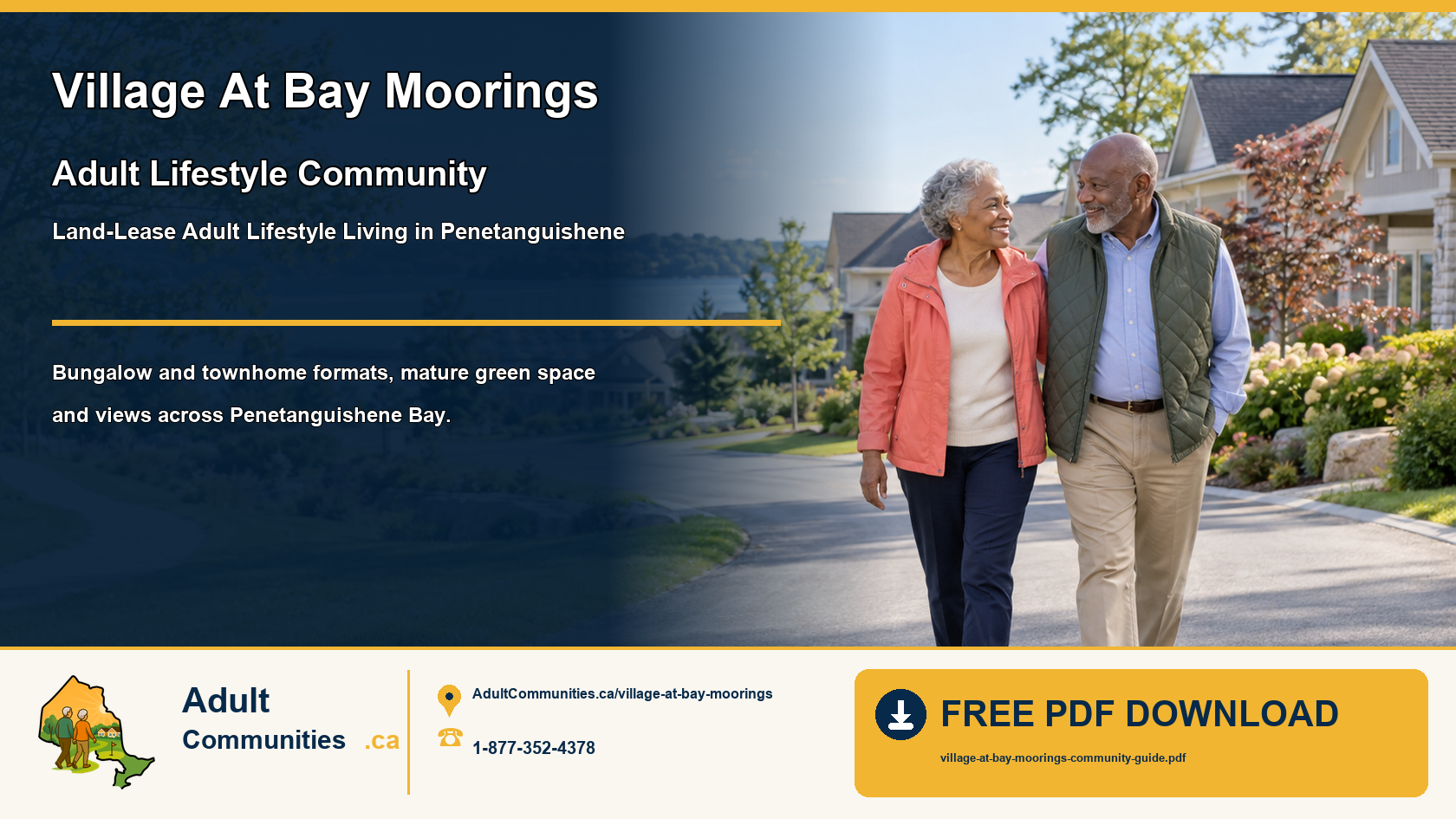 Senior couple walking through a managed adult lifestyle community overlooking Penetanguishene Bay