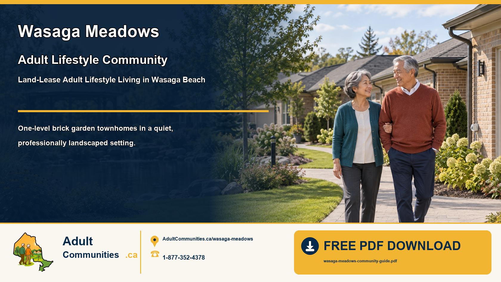 Senior couple walking through a landscaped Wasaga Beach adult lifestyle community