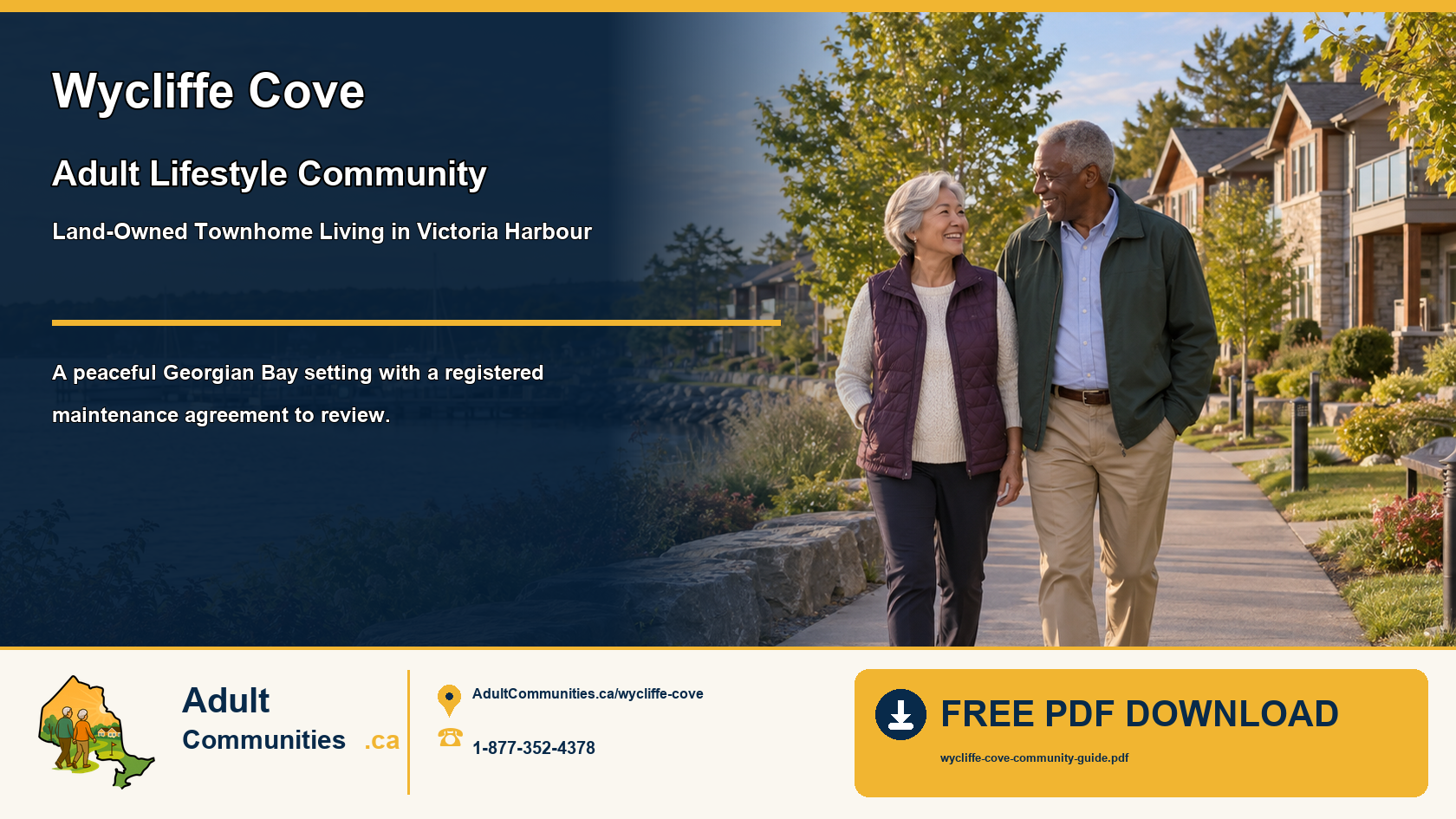 Senior couple walking through a landscaped Victoria Harbour adult lifestyle community