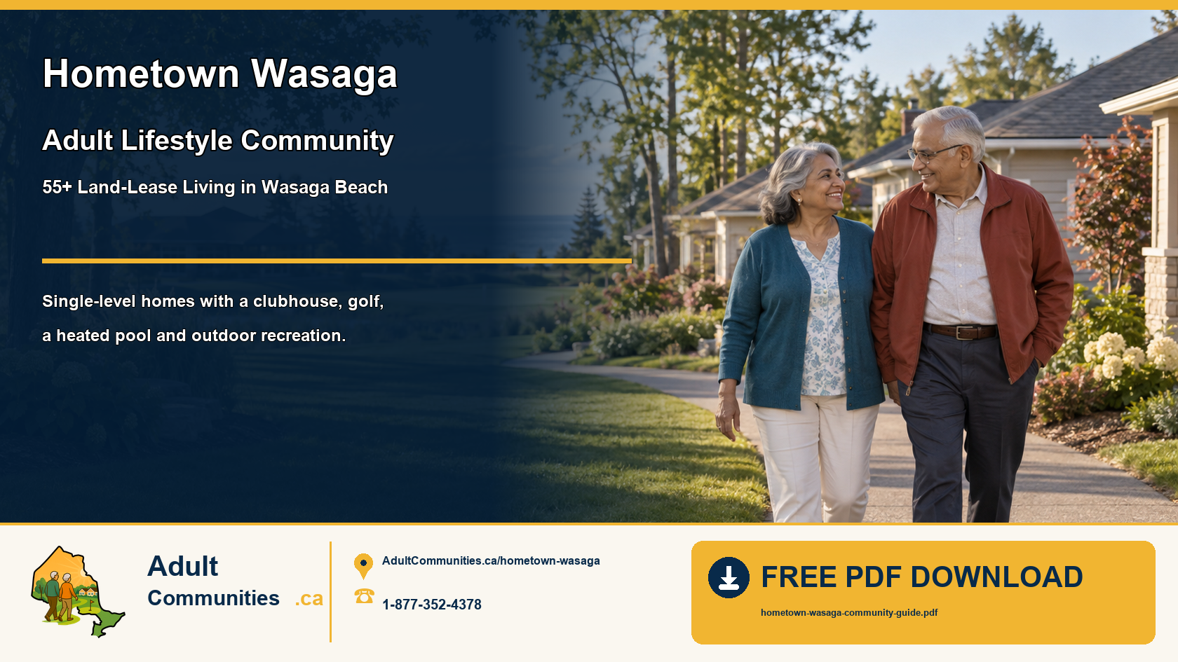Senior couple walking through a landscaped bungalow community in Wasaga Beach