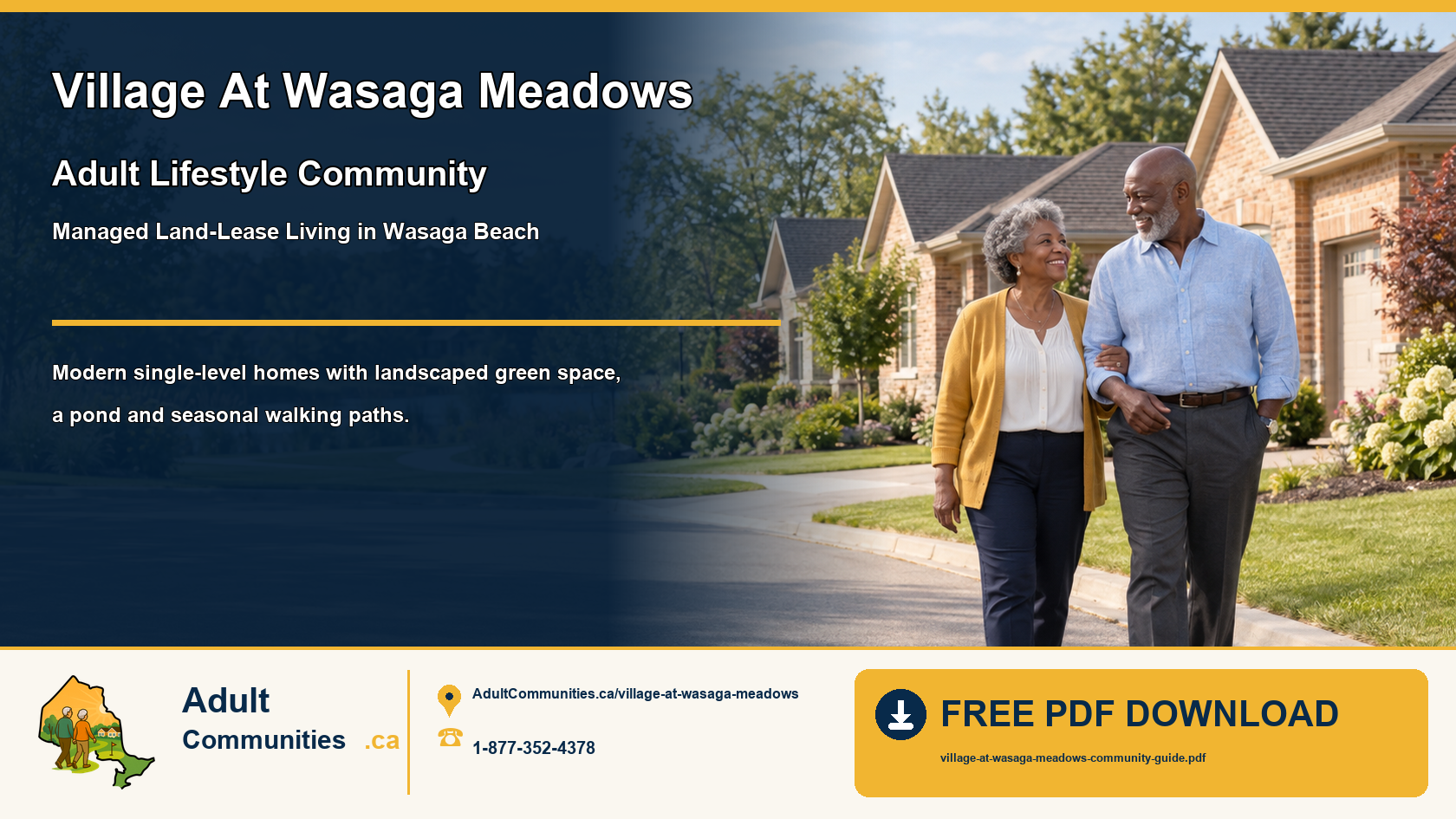 Senior couple walking through a landscaped bungalow community in Wasaga Beach