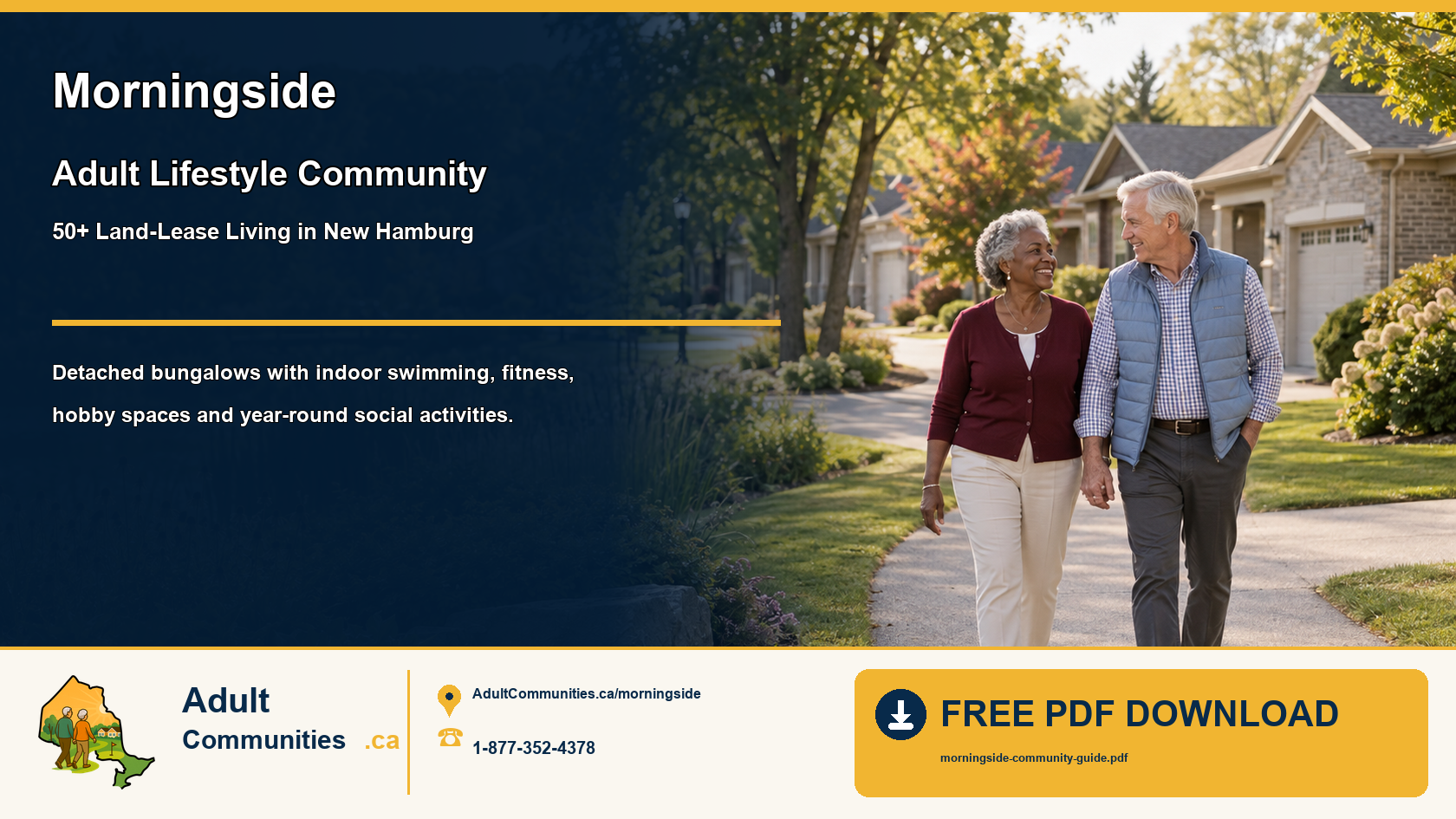 Senior couple walking through a landscaped bungalow community in New Hamburg