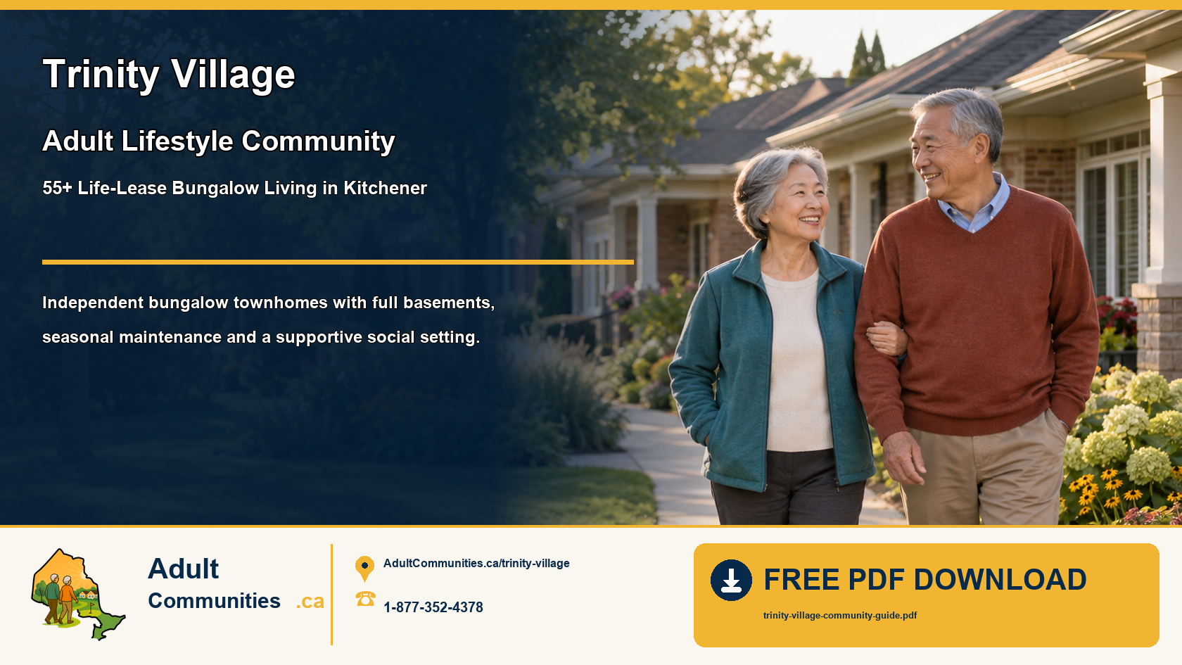 Senior couple walking through a landscaped bungalow-townhome community in Kitchener