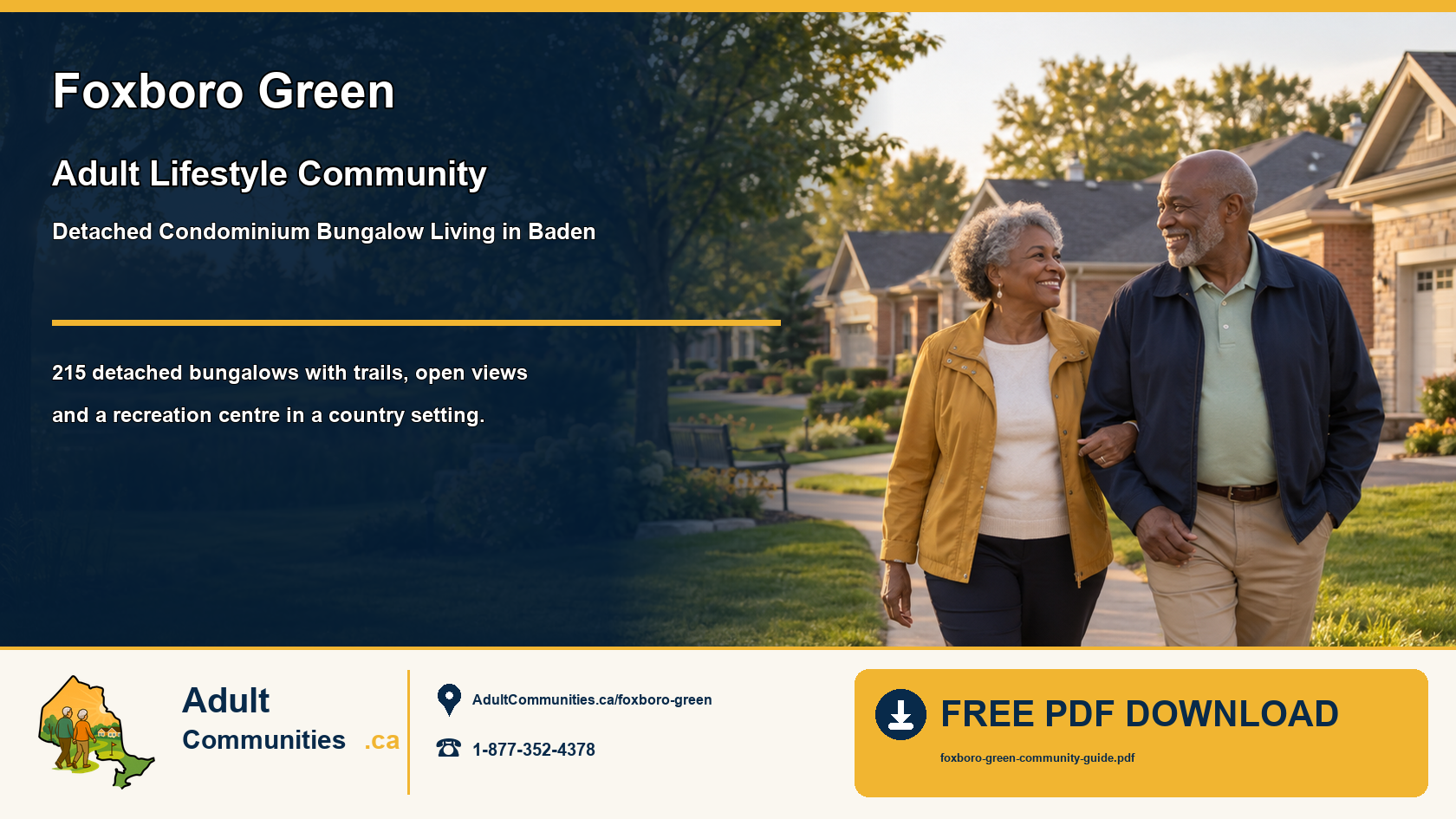 Senior couple walking through a landscaped detached-bungalow condominium community in Baden