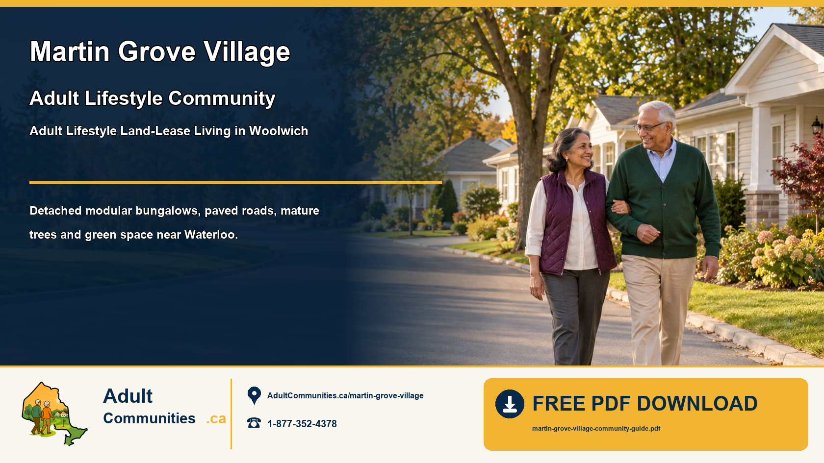 Senior couple walking through a landscaped land-lease bungalow community in Woolwich
