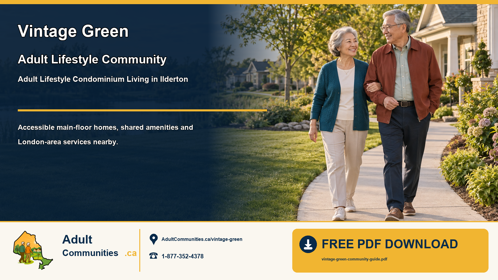Senior couple walking through a landscaped adult lifestyle condominium community in Ilderton
