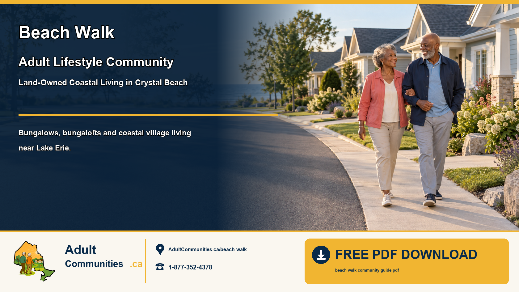 Senior couple walking through a landscaped adult lifestyle community in Crystal Beach