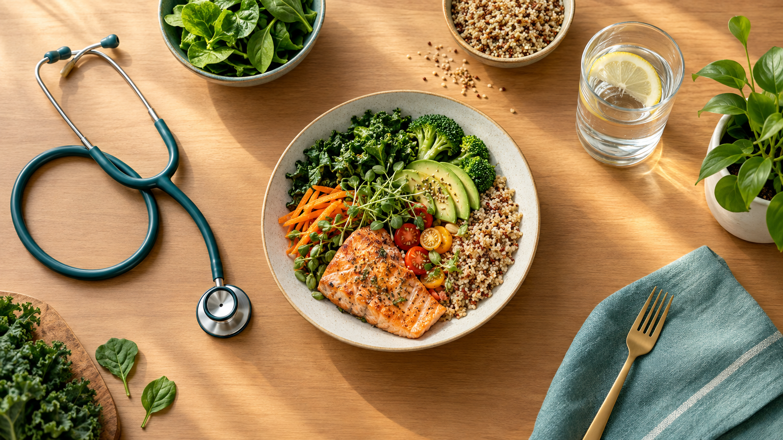 A balanced, wellness-focused arrangement of healthy foods and nutrition items