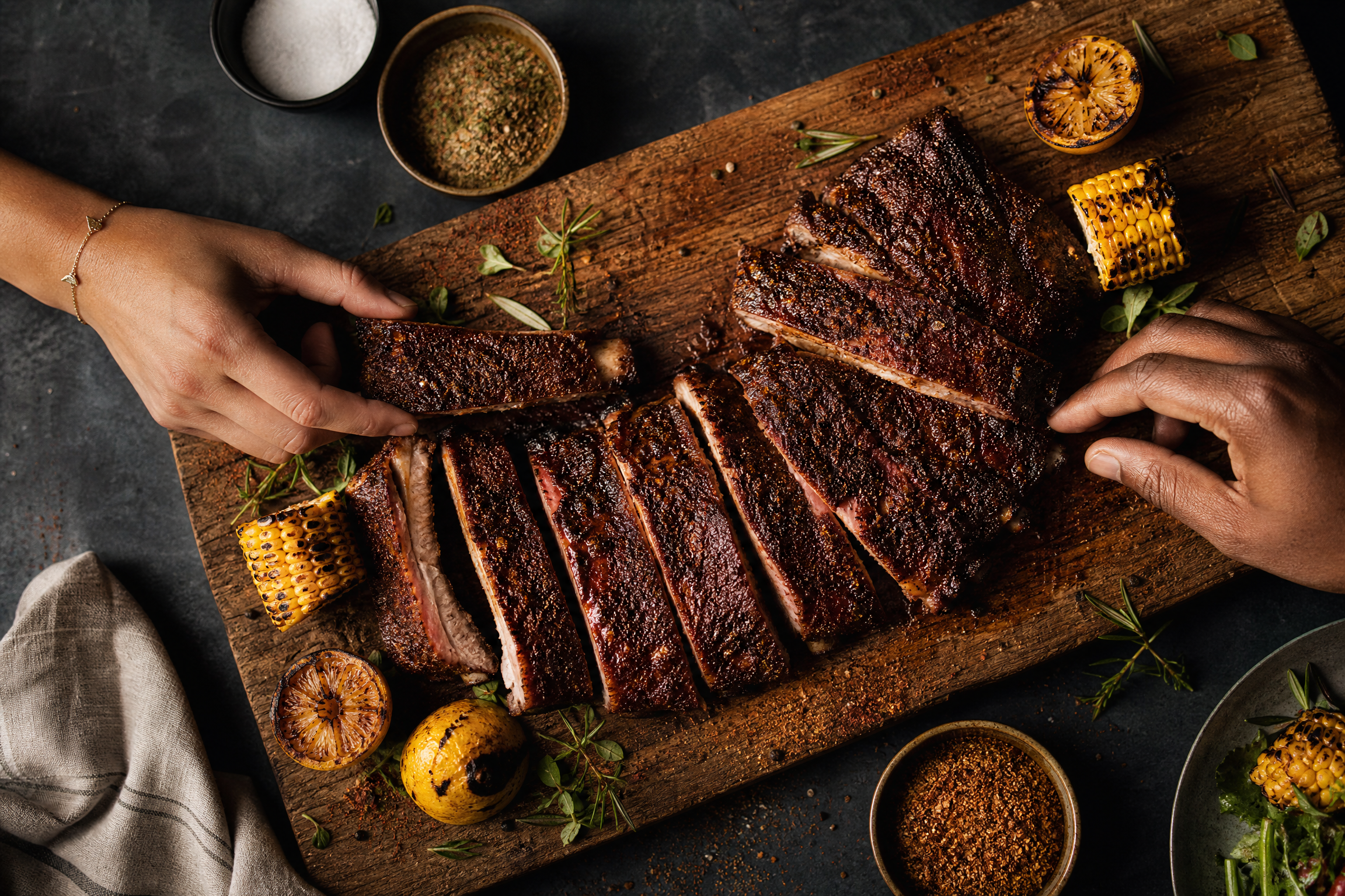 Seasoned ribs shared around a table