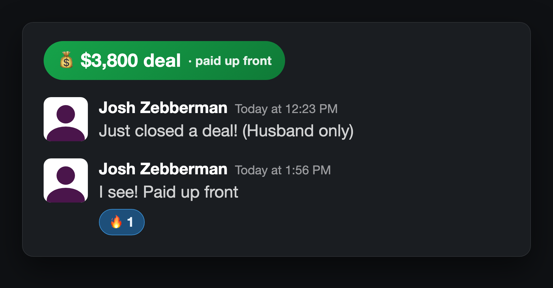 Joshua Zebberman — Closed a $3,800 deal, paid up front