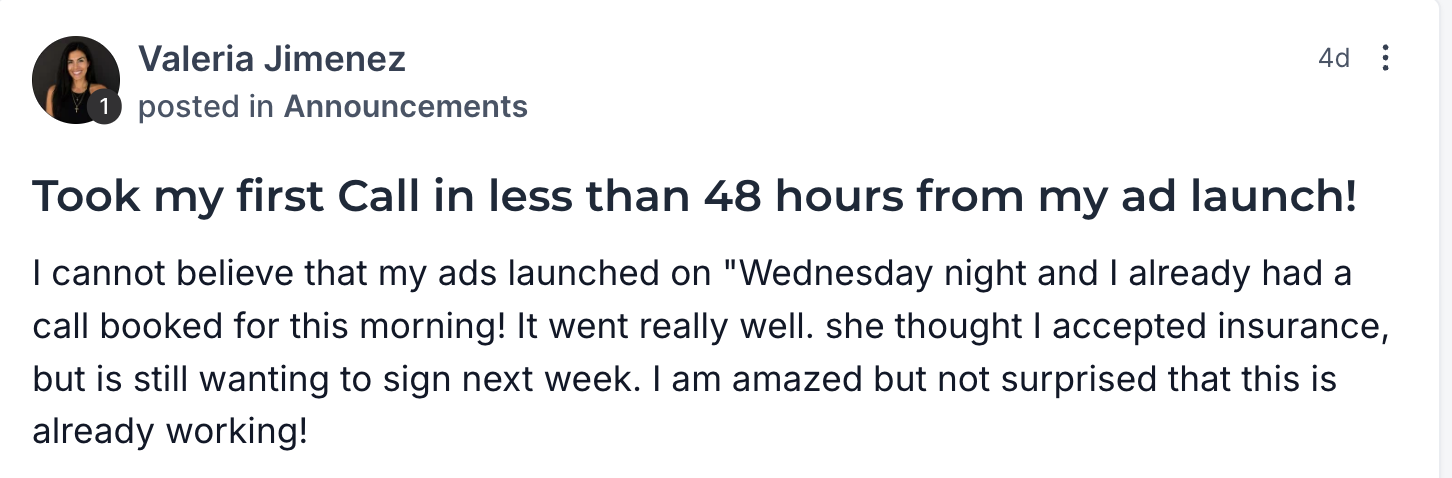 Valeria Jimenez — Took my first call in less than 48 hours from my ad launch
