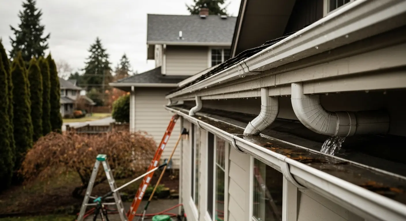 Gutter cleaning on hillside home