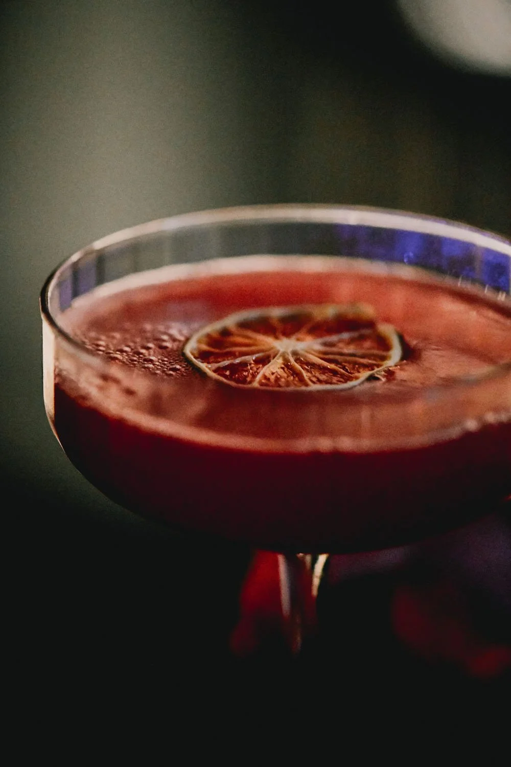 A crimson cocktail up close