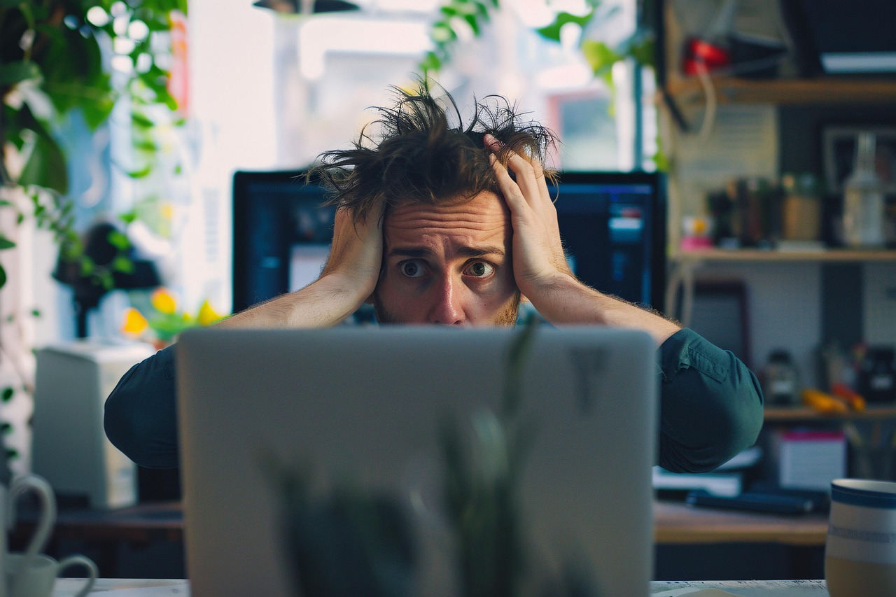 Employee feeling overwhelmed by workplace change while working at a computer.