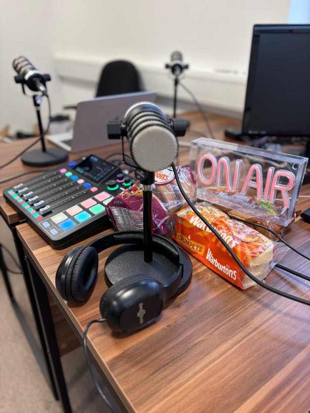 Future Voices podcast recording setup with microphones, audio equipment and Warburtons products sponsorship