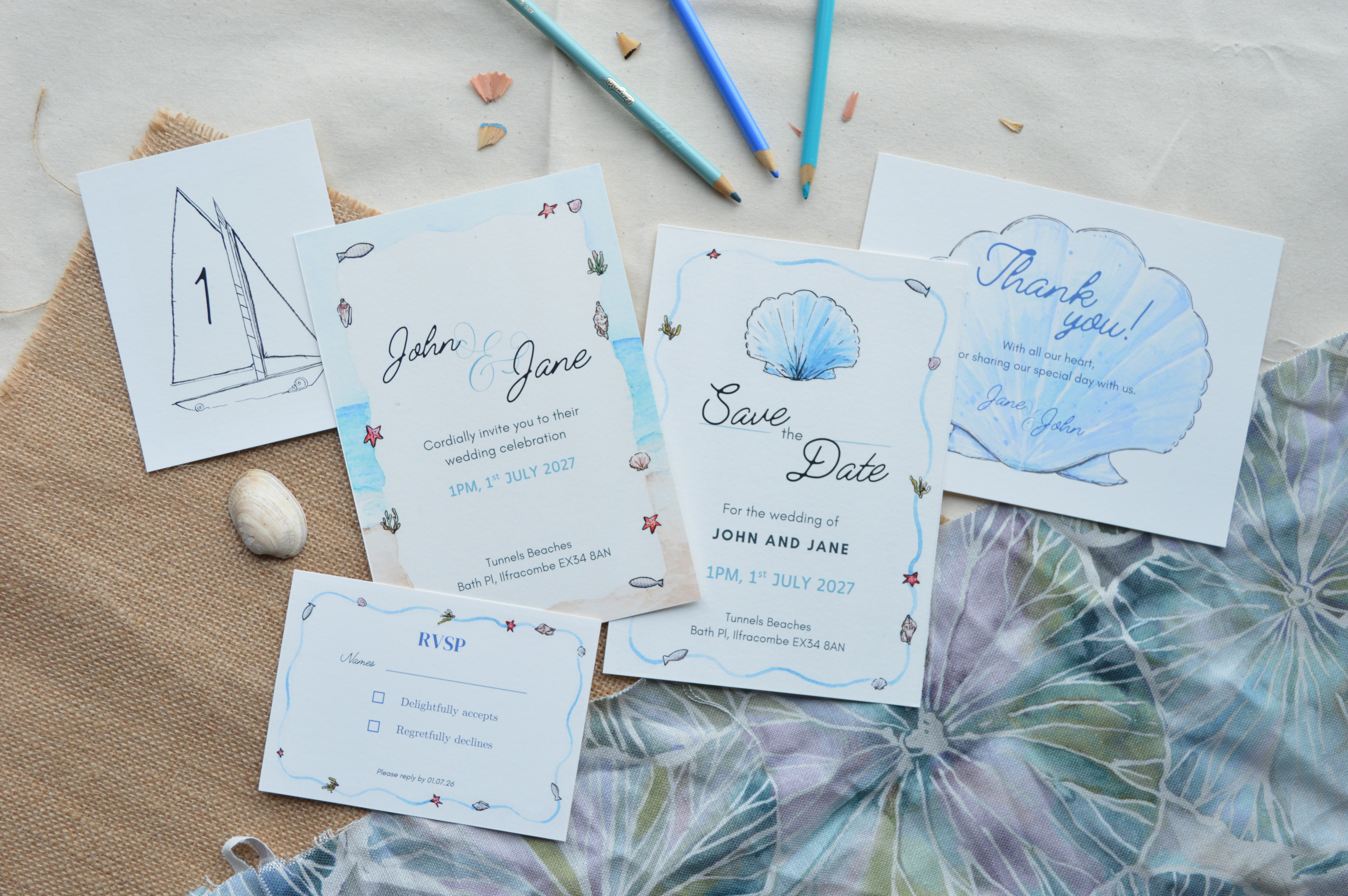 Coastal inspired wedding stationery canva templates