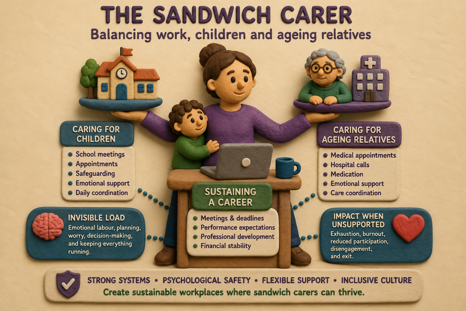 Clay-style infographic illustrating the concept of the “sandwich carer.” At the centre, a parent balances caring responsibilities for both a child and an ageing relative while working on a laptop. The image includes labelled sections showing responsibilities such as school meetings, appointments, safeguarding, hospital calls, emotional support, and care coordination. Additional panels highlight the “invisible load” of emotional labour and the workplace impact when carers are unsupported, including burnout, disengagement, and exhaustion. The infographic promotes systems thinking, psychological safety, flexible support, and inclusive workplace culture to help sandwich carers thrive at work.