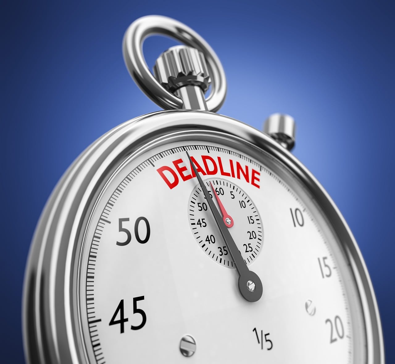 Clock with the words deadline in red on the top of the clock. 