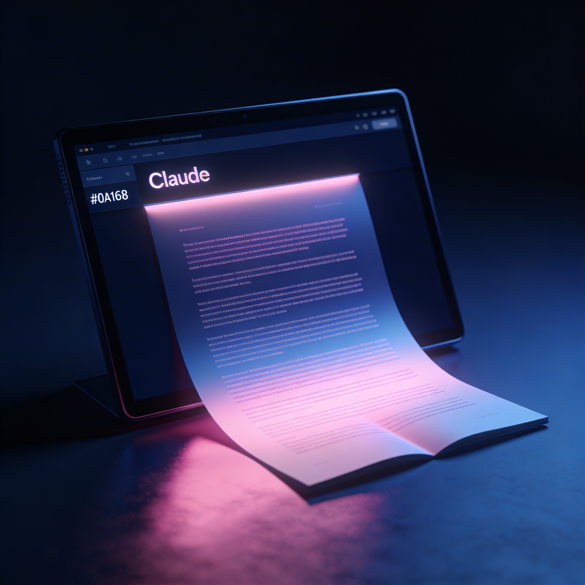 A sleek open document or long-form text Claude interface glowing on a dark 