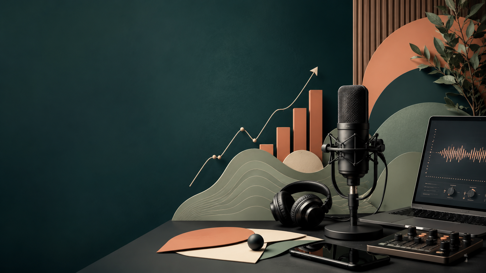 Podcast studio setup with microphone, headphones and audience-growth chart