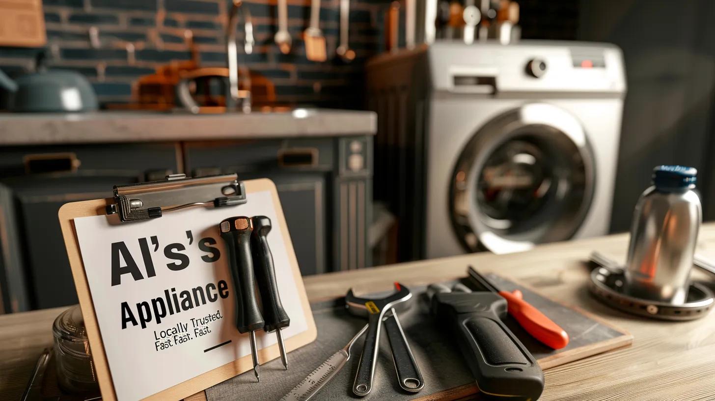 Front-load washing machine in a laundry room serviced by Al's Appliance