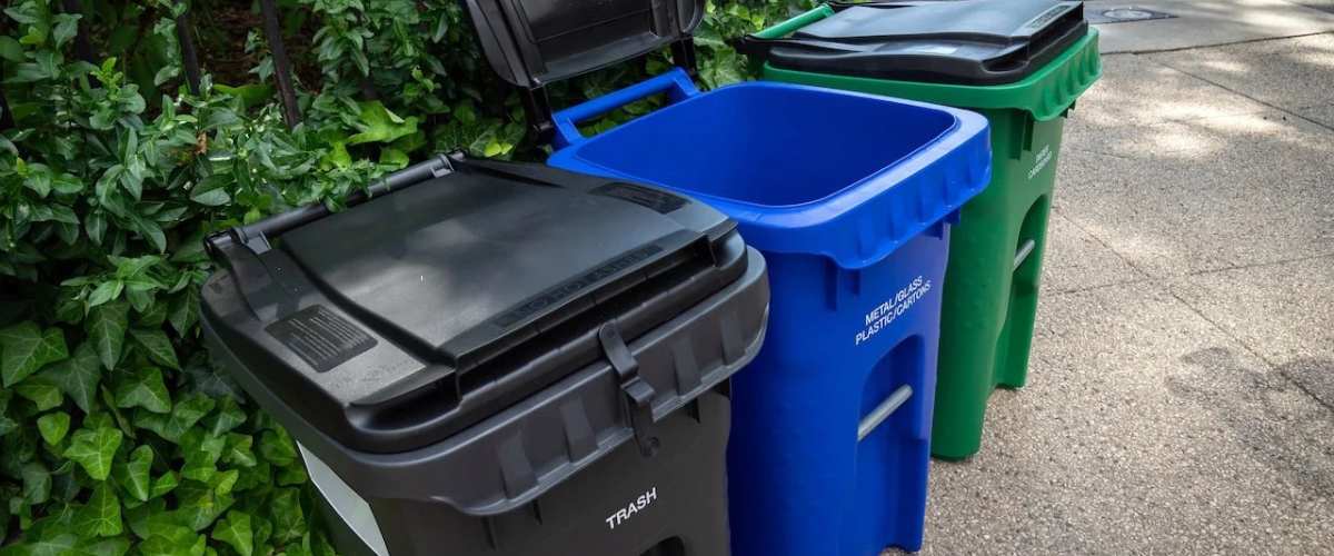 blue and green trash cans after trash can cleaning blue and green trash cans after trash can cleaning