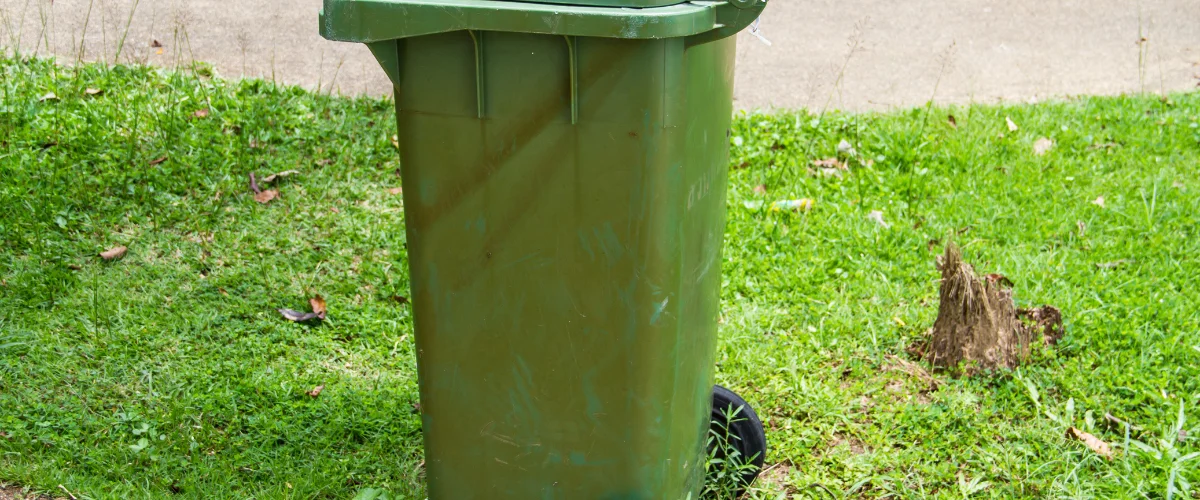 A large green plastic wheelie bin stands on a lush green lawn next to a concrete path. A large green plastic wheelie bin stands on a lush green lawn next to a concrete path.