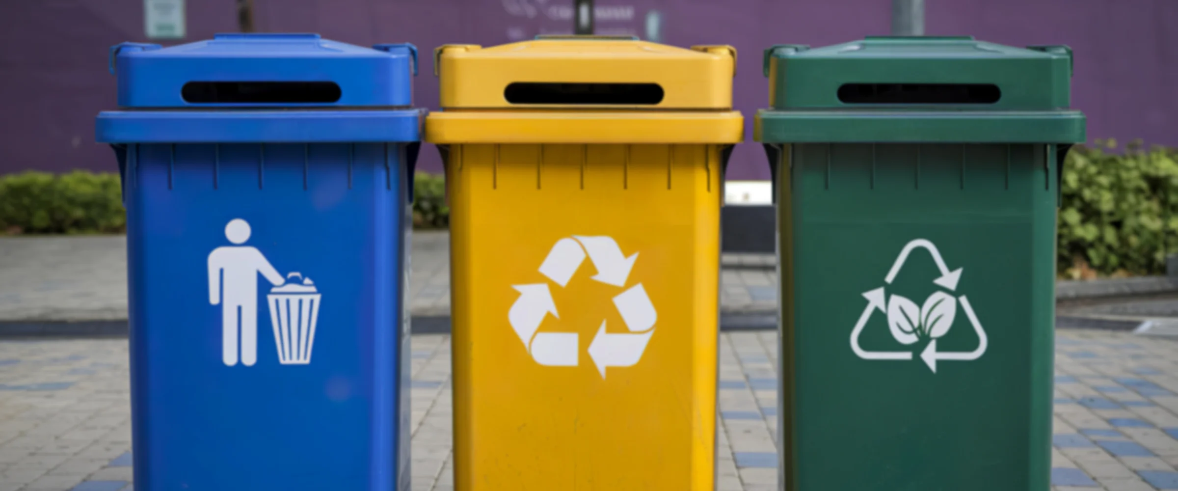 Three colorful recycling bins, blue for trash, yellow for general recycling, and green for organic waste, lined up outdoors.