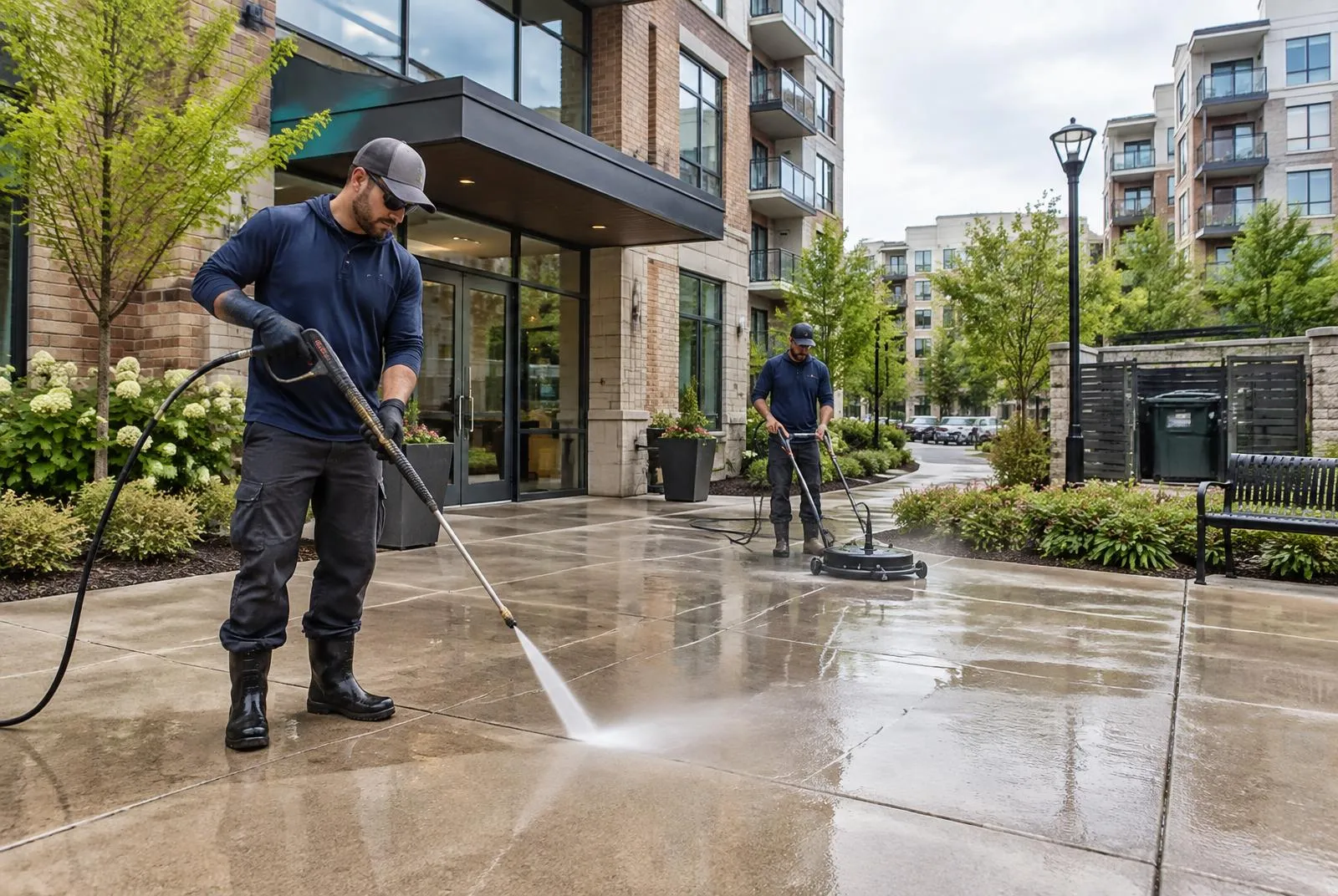 Two men pressure washing a large concrete walkway in front of a modern apartment building, one with a wand and one with a surface cleaner.