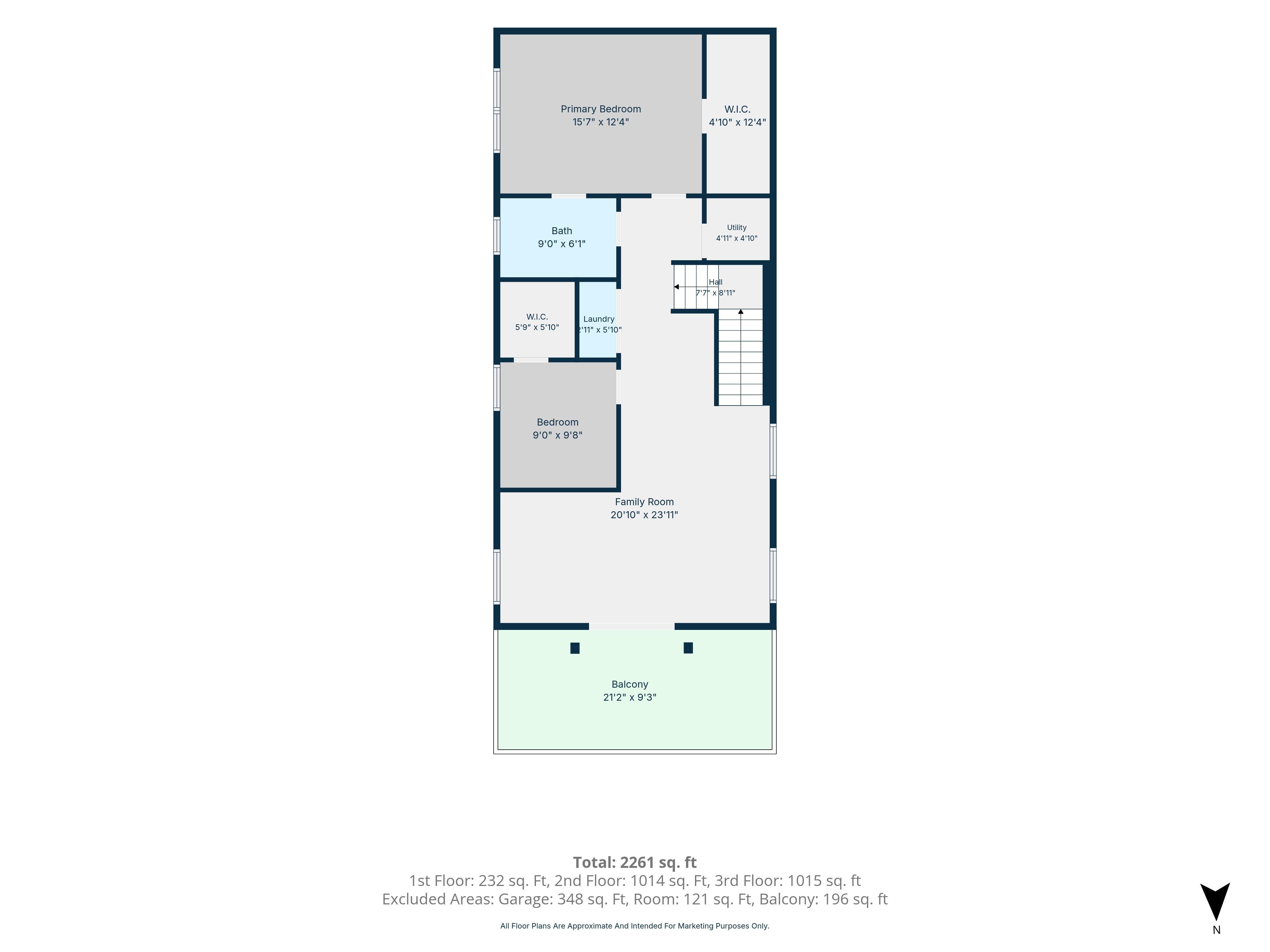 Photographer’s floor plan of the first living level, with two bedrooms, family room, bathroom, laundry, and front deck