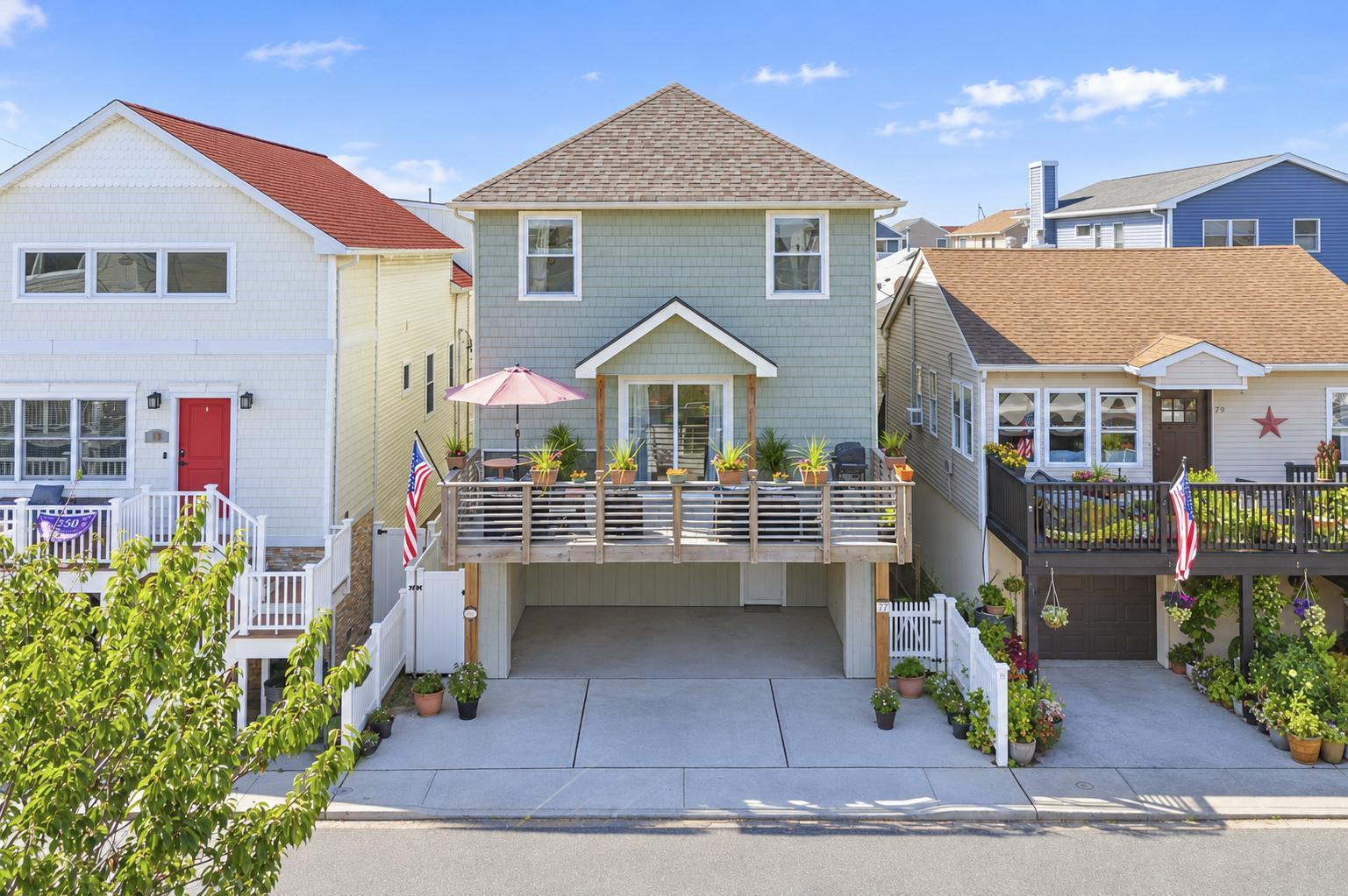77 Nebraska Street, with a generous front deck and parking beneath the elevated home