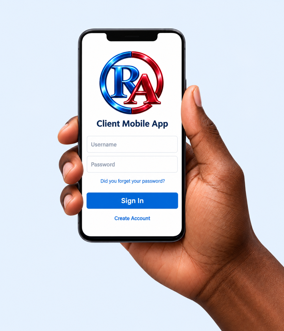 African American hand holding a phone with an R&A Pro-Tax mobile app illustration