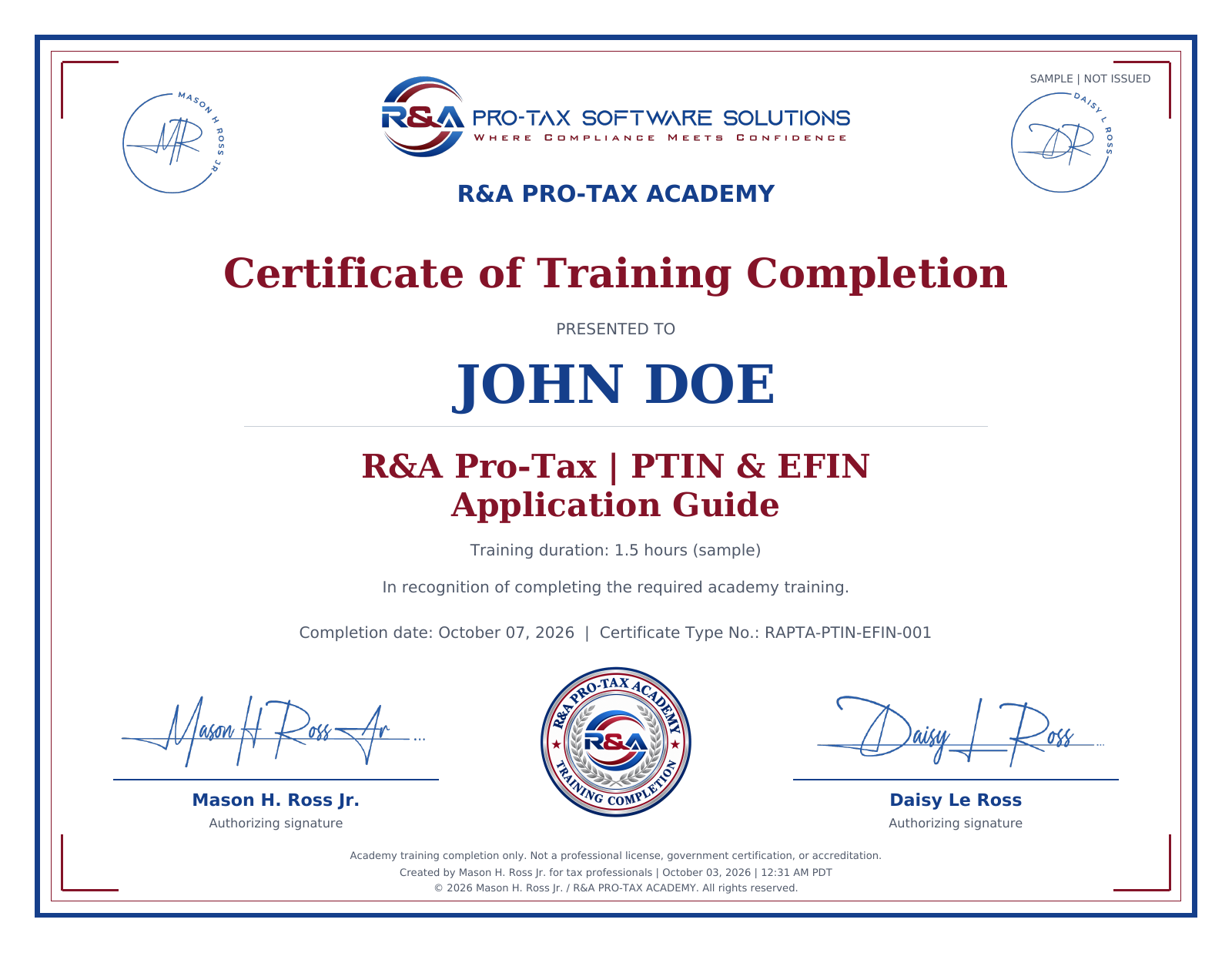 Horizontal R&A Pro-Tax Academy sample certificate of completion