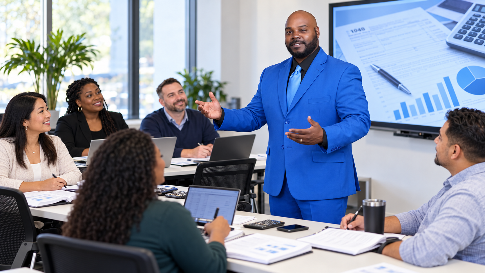 Mason H. Ross Jr. in his blue suit leading an illustrated Academy classroom with an Asian woman and diverse adult learners