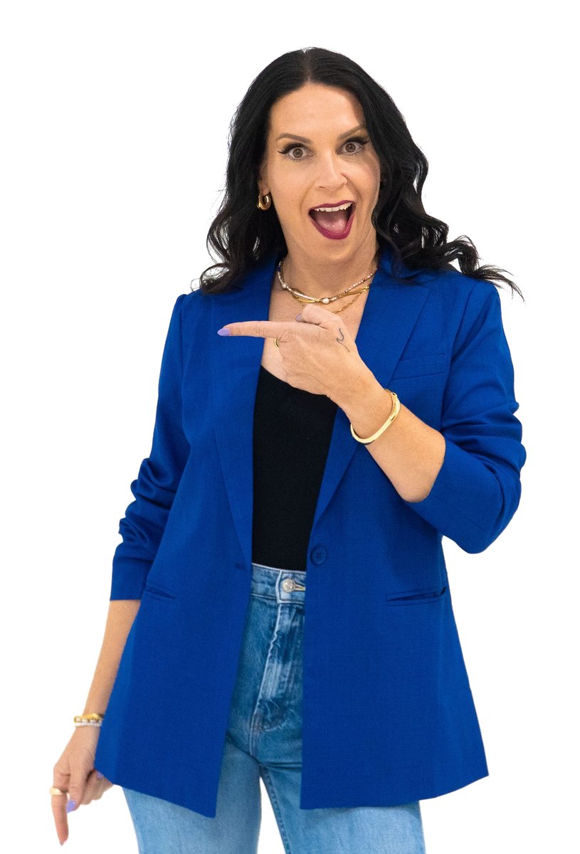 Adrienne Dorison, founder of Level 11 Leaders, pointing toward the headline